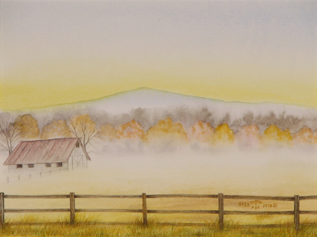 Autumn Farm Morning, Framed Watercolor Sketch (8x10)