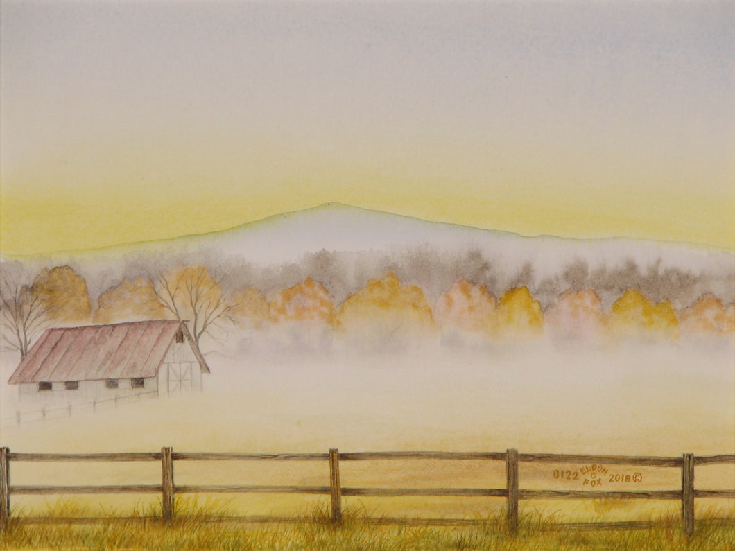 Autumn Farm Morning, Framed Original Watercolor (8x10)